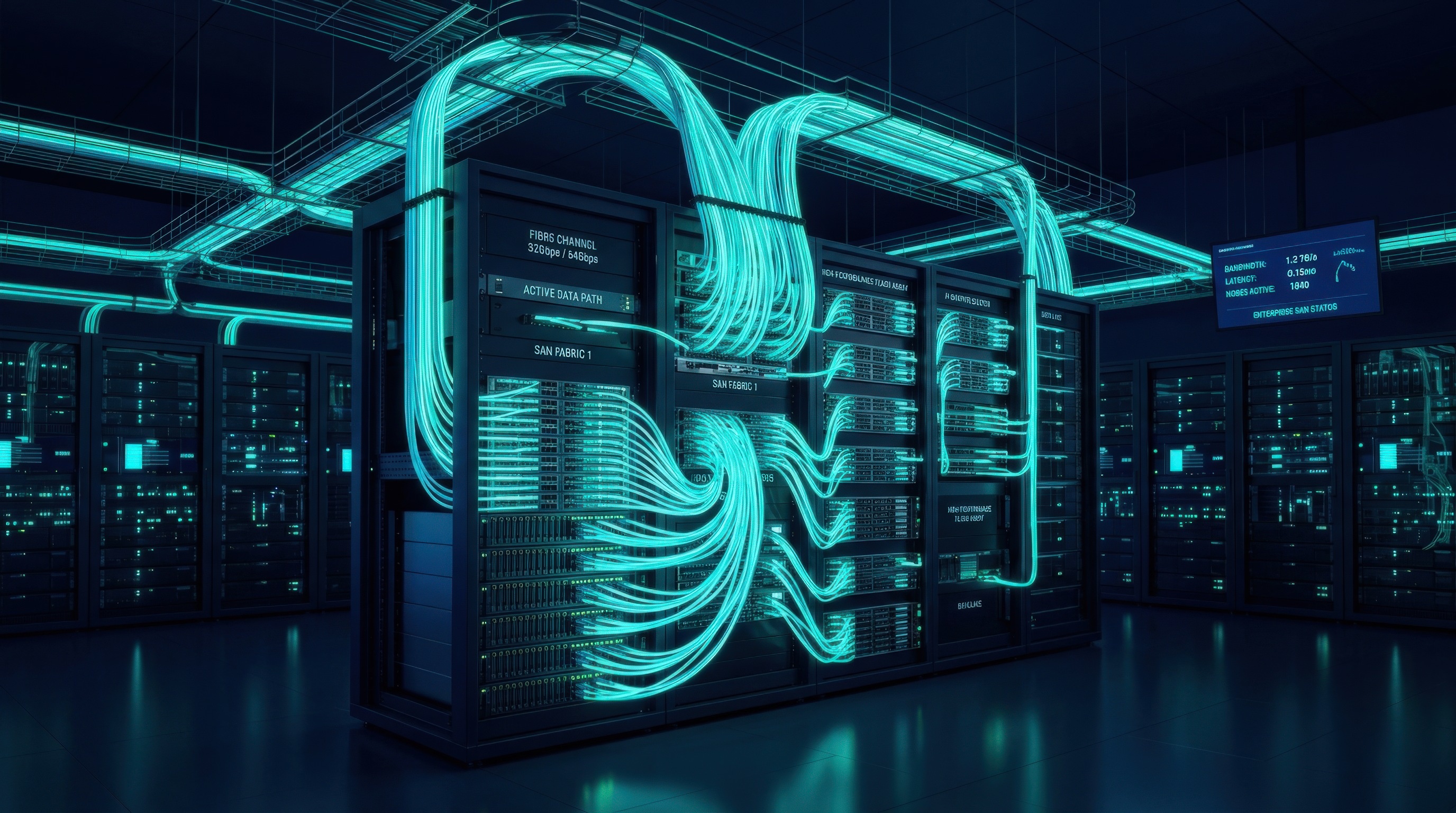 High-Speed Storage Area Network (SAN) concept. AI driven of a centralized data center with fiber optic connections for enterprise business solutions, enterprise AI, dark navy background, teal cyan